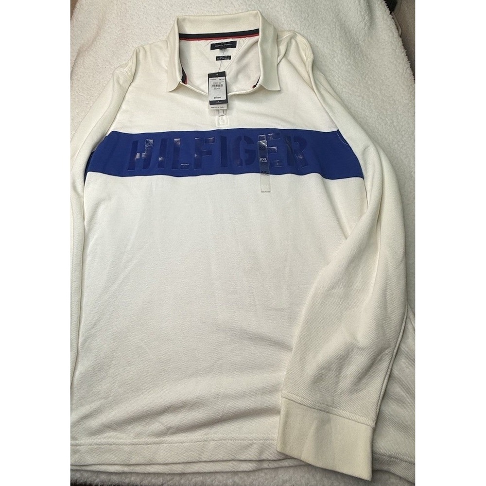 Tommy Hilfiger Men's White/Blue‎ Long Sleeve Collared Zip Polo Shirt Sz XXL NWT!